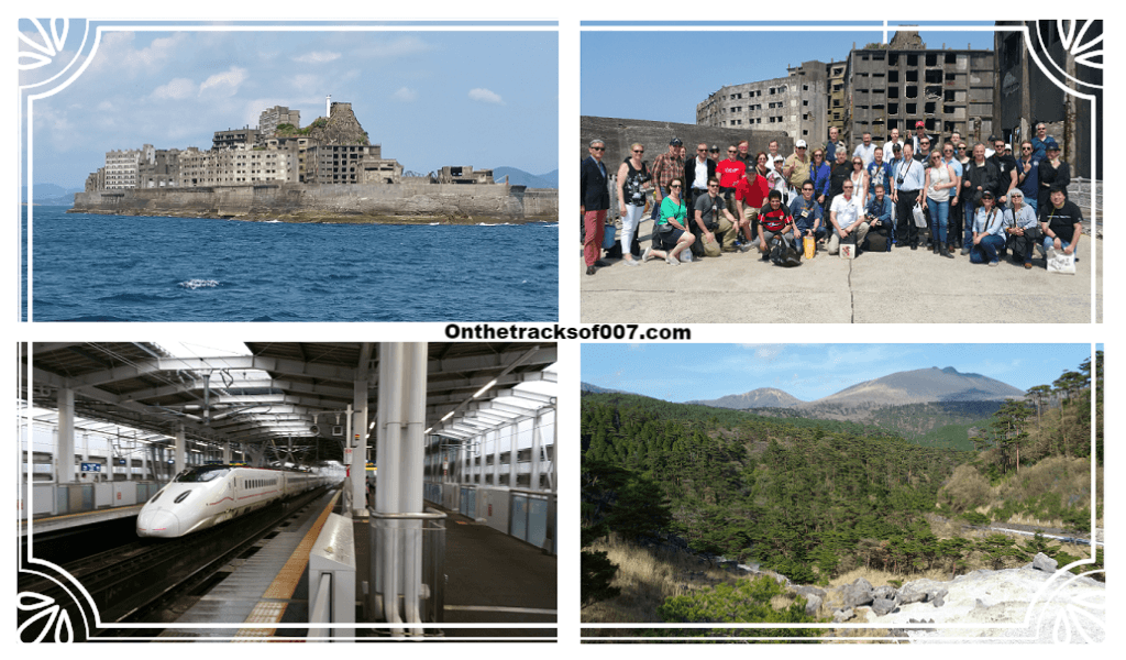 Clockwise from top left: Gunkanjima or Battleship Island as seen in Skyfall, the group on the abandoned island, Kirishima National Park and the train to Kagoshima