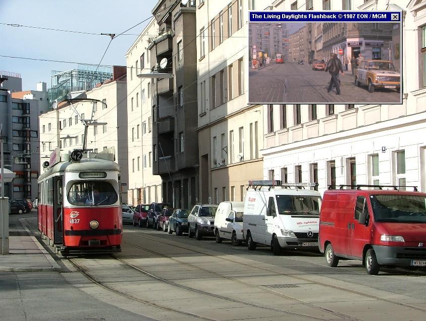 The Antonigasse, where the tram scenes and Kara's apartment were filmed for The Living Daylights (1987)