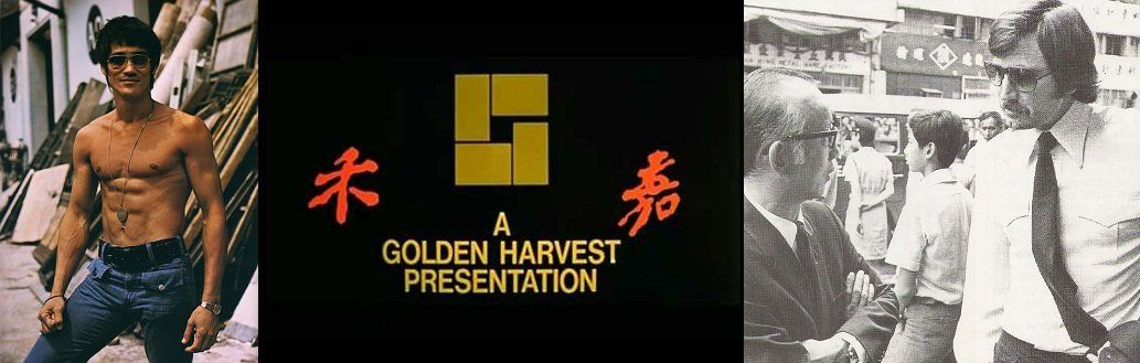 Bruce Lee at Golden Harvest Studios (L) and Lazenby talking to Raymond Chow (R)