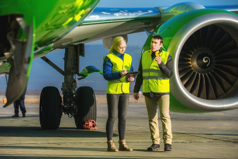 Aircraft engineers examining plane checklist
