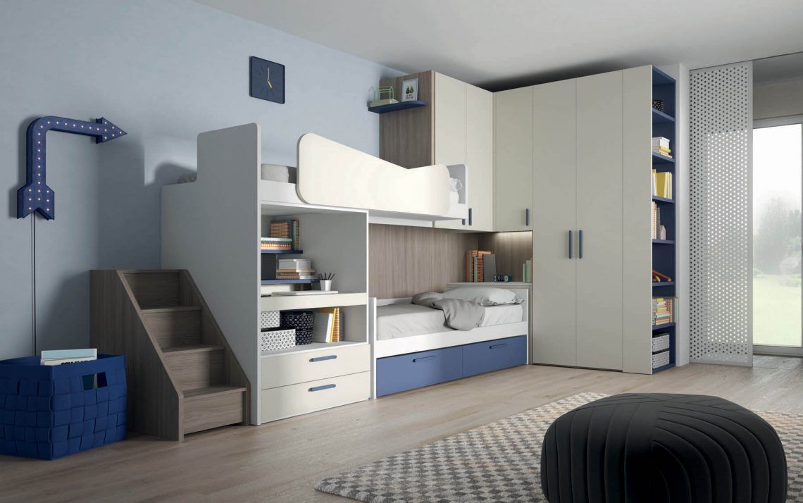 Camera da letto moderna per bambini con letto a castello, angolo scrivania, dettagli blu e pouf rotondo nero.