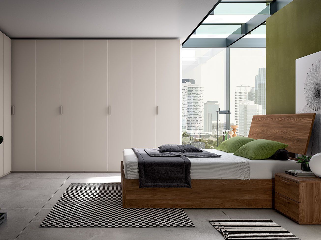 Camera da letto moderna con letto in legno, biancheria da letto verde, finestra con vista sulla città e pareti bianche minimaliste.
