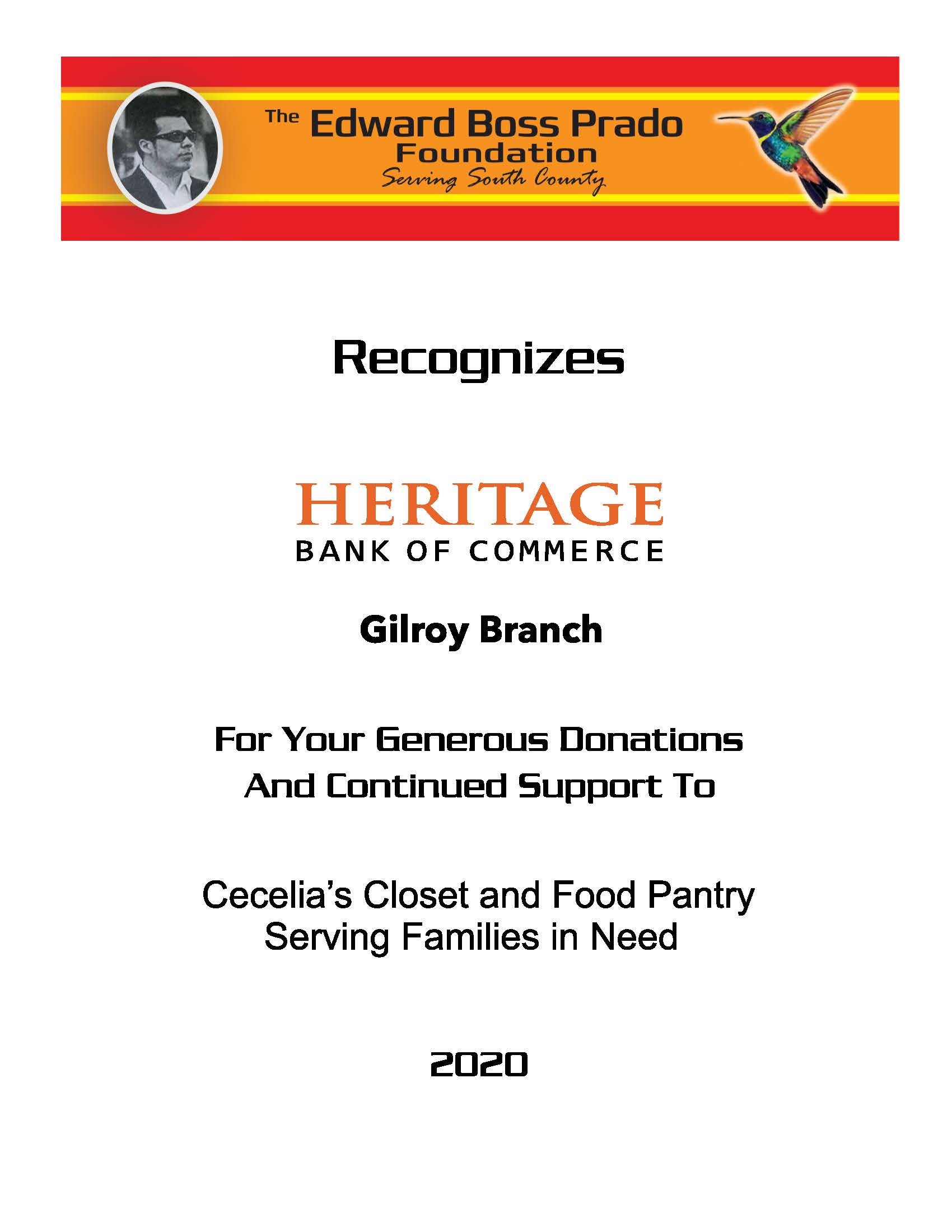 Heritage Bank Gilroy Branch recognition