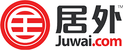 A red and white logo for juwai.com with chinese characters