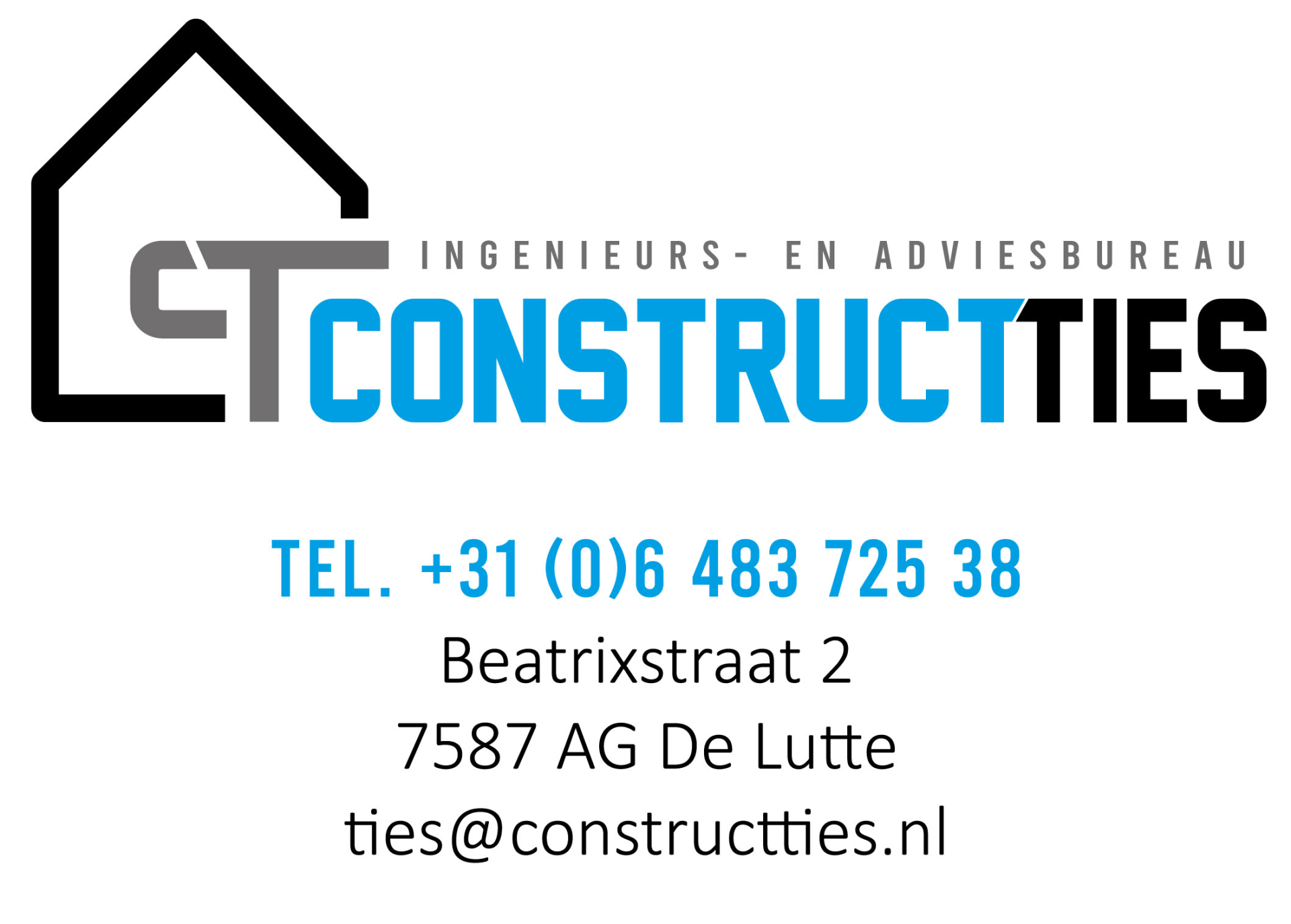 Logo voor Constructties: een ingenieurs- en adviesbureau in De Lutte, met contactgegevens en adres.