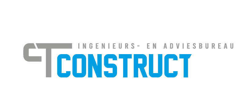 Het bedrijfslogo van CT Construct, met grijze letters 