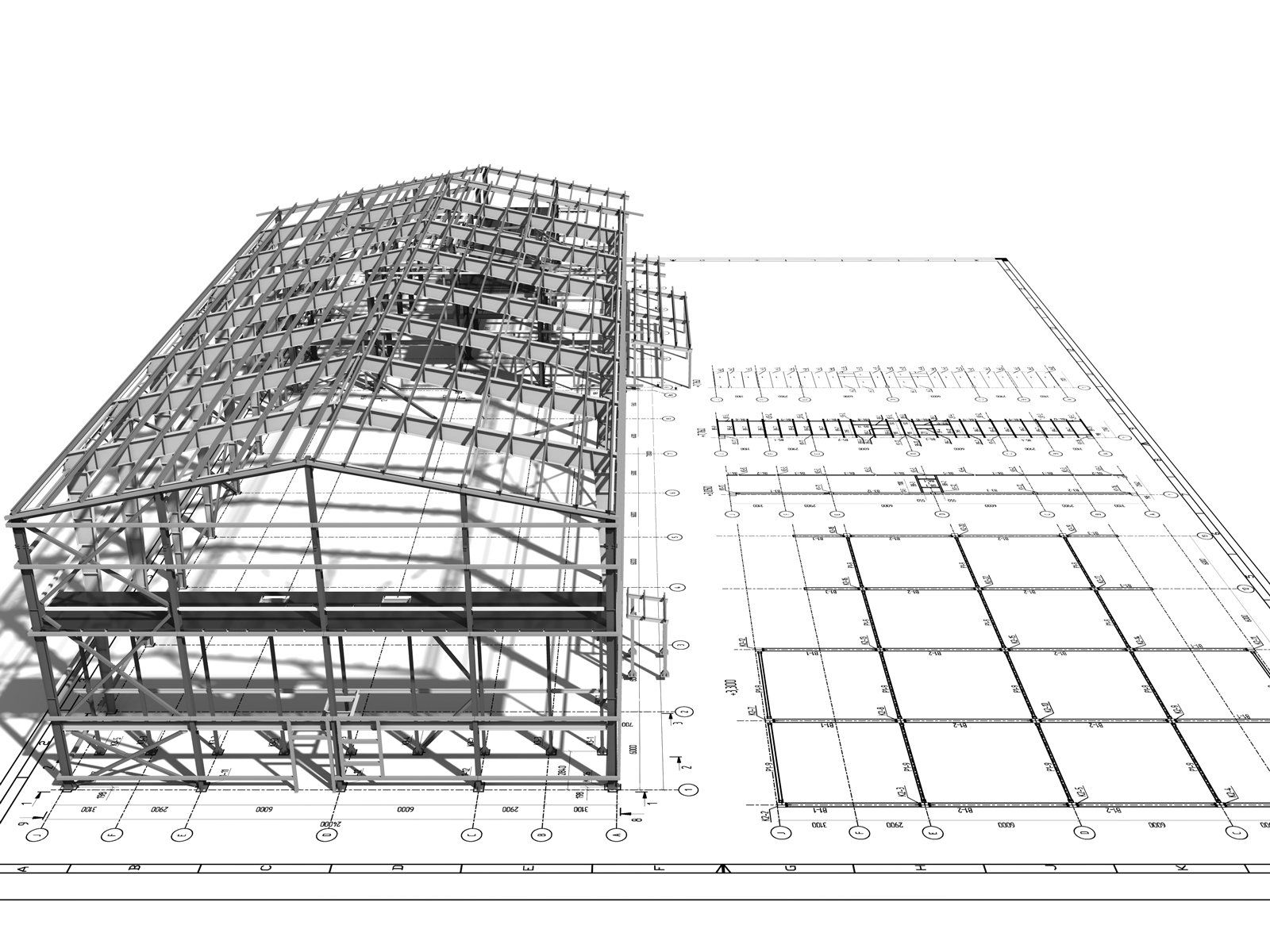 Een 3D-draadmodelweergave van een industrieel gebouw met een stalen frame, naast de bijbehorende architectonische plattegrond.