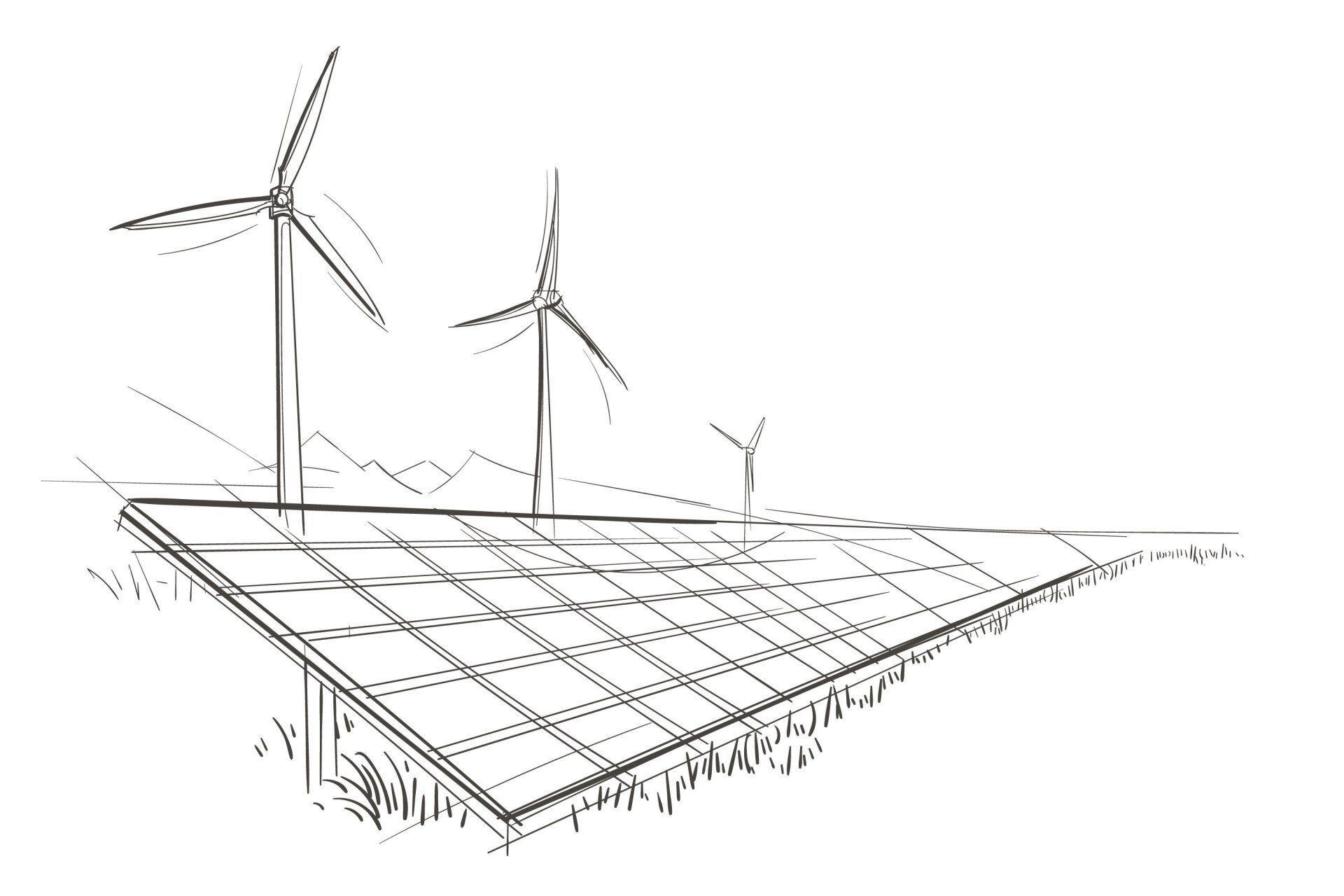 Een zwart-wit lijntekening van zonnepanelen op de voorgrond met windturbines op de achtergrond.