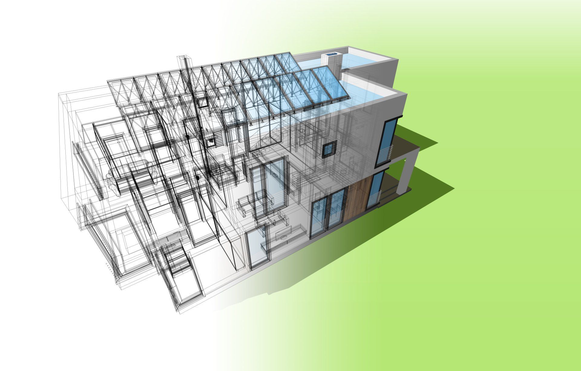 Architectonisch 3D-model van een moderne woning met twee verdiepingen, waarin een minimalistisch draadframeontwerp gecombineerd wordt met massieve, gerenderde muren.