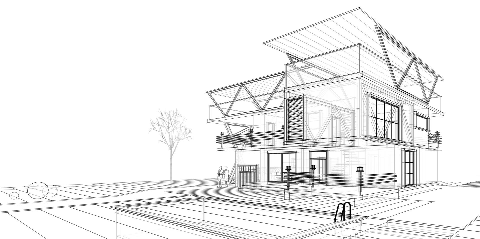Een digitale lijntekening van een modern, meerlaags huis met een groot terras, balkon en een zwembad op de voorgrond.