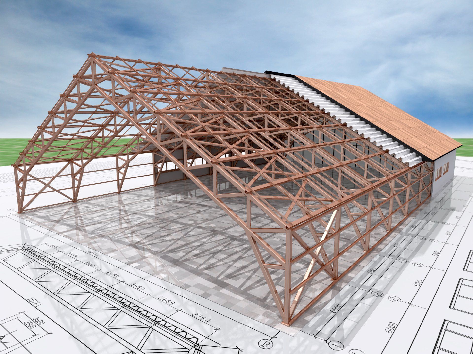 Een 3D-architectuurweergave van een houten gebouwconstructie met een gedeeltelijk dak, geplaatst tegen een achtergrond van een bouwtekening.