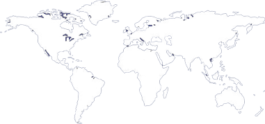 World map with dark areas representing a visual representation of the location of lakes.