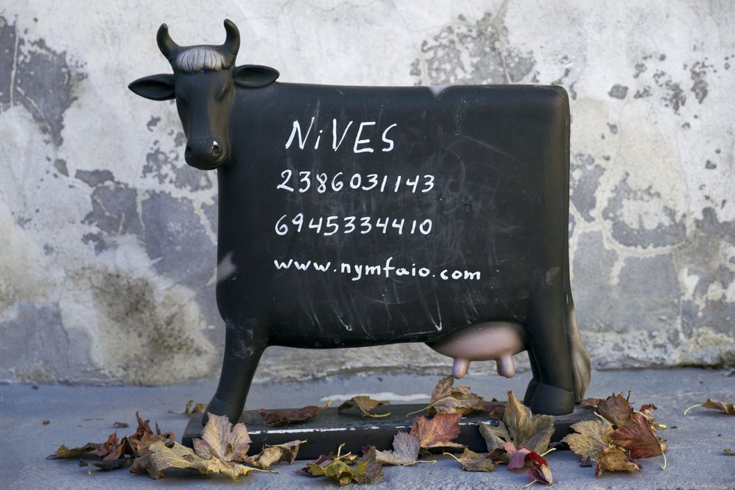 Ένα άγαλμα μιας αγελάδας με γραμμένο το όνομα nives