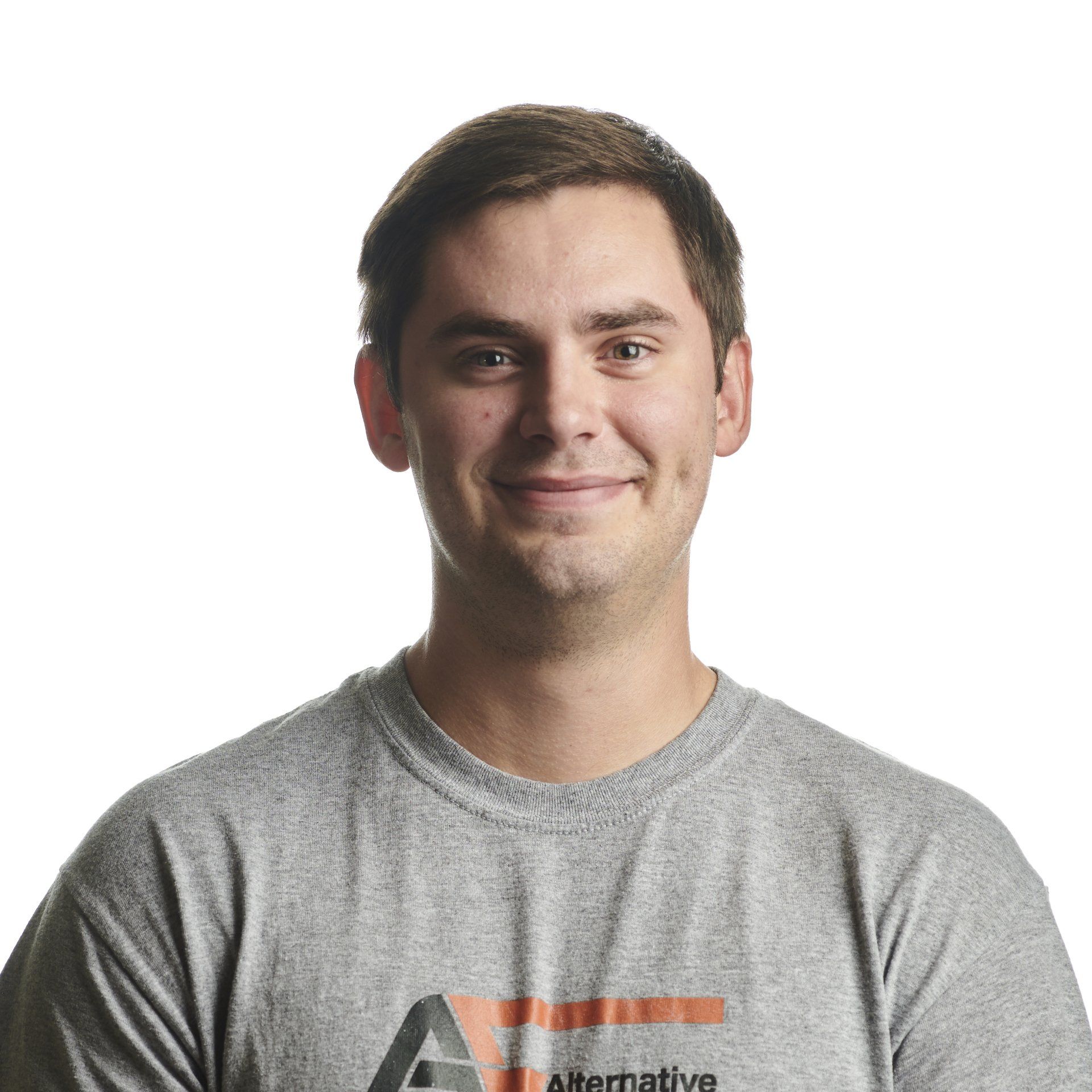 Man in gray t-shirt smiles; 