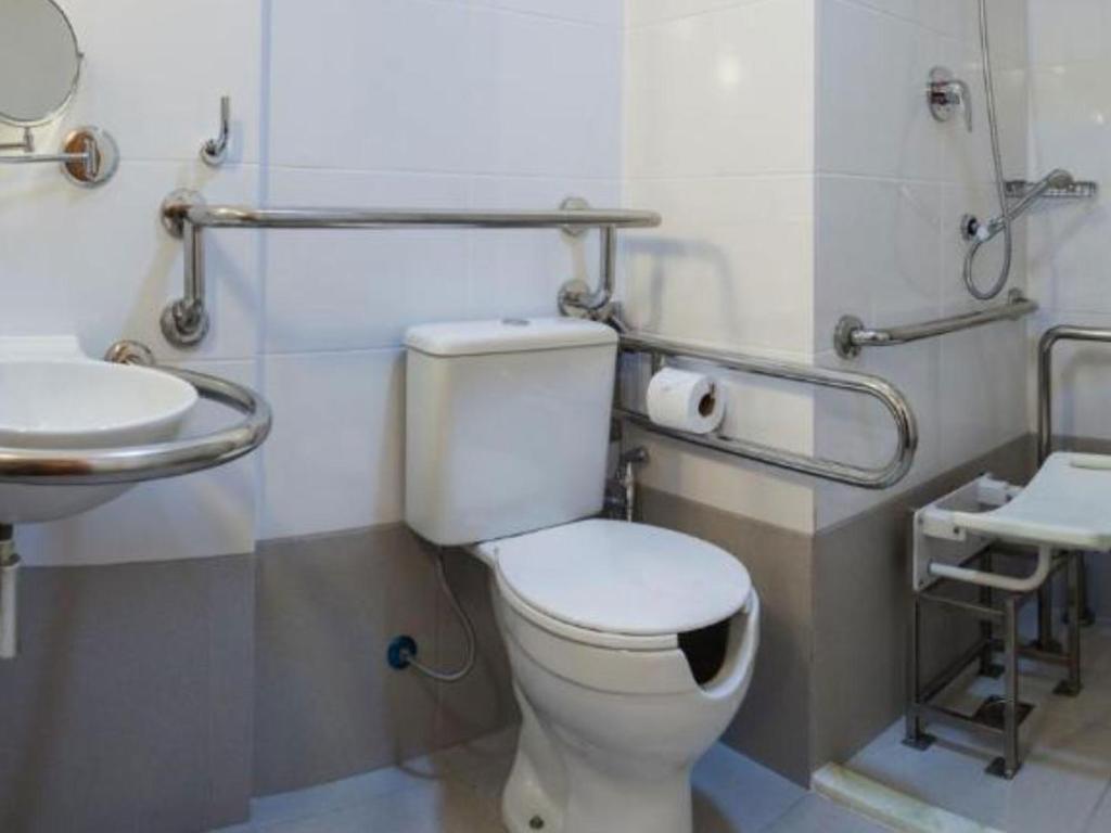 Um banheiro para deficientes com vaso sanitário, pia e chuveiro.