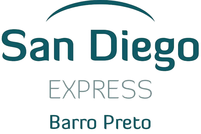 O logotipo do san diego express barro preto é azul e branco.