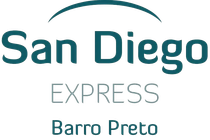 O logotipo do san diego express barro preto é azul e branco.