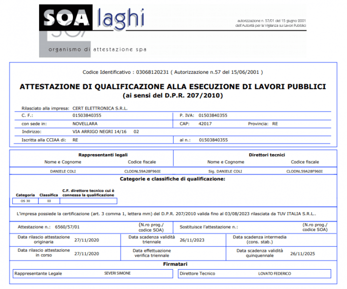 Attestato per servizi di impiantistica per il settore pubblico