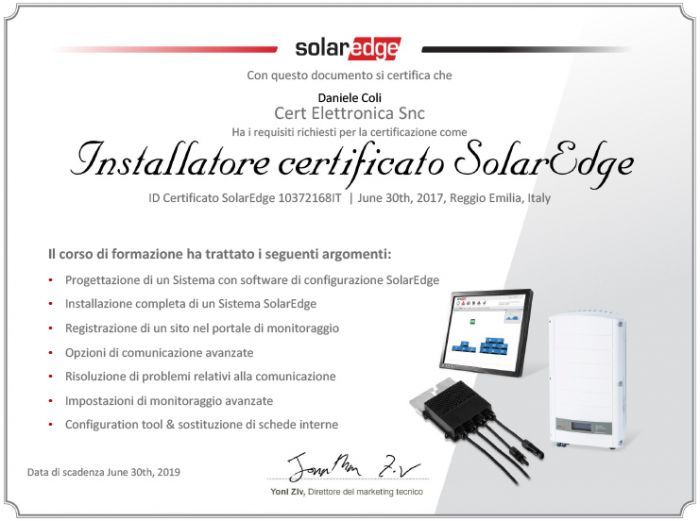 certificato installatore SolarEdge