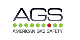 Logo for American Gas Safety: AGS in black font above a row of green and red dots, and text 