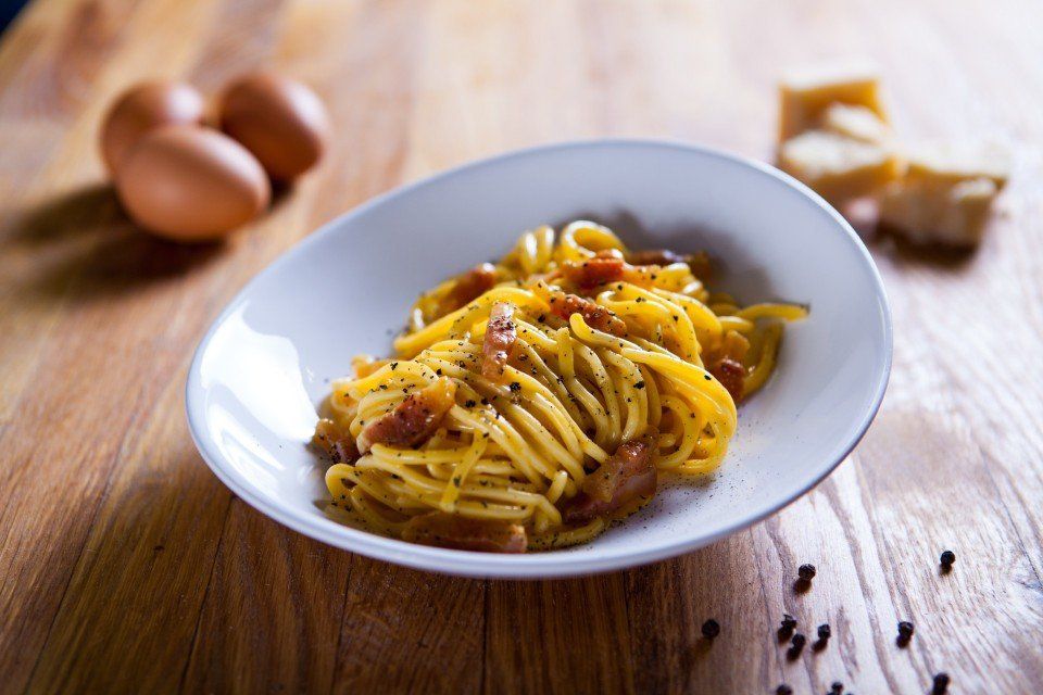 Dish of spaghetti carbonara prepared with fresh pasta