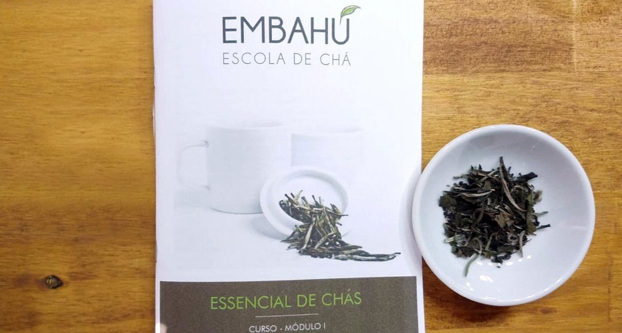 mesa com apostila e prato com folhas de chá verde desidratado