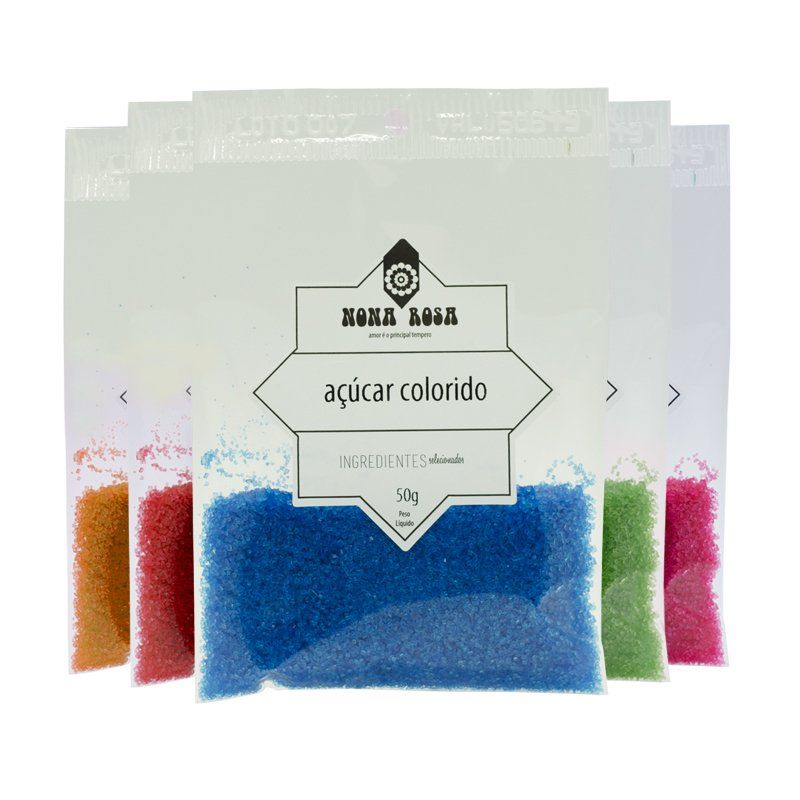 açúcar colorido; azul; vermelho; laranja; verde; rosa