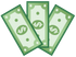 Three green dollar bills fanned out with white dollar signs