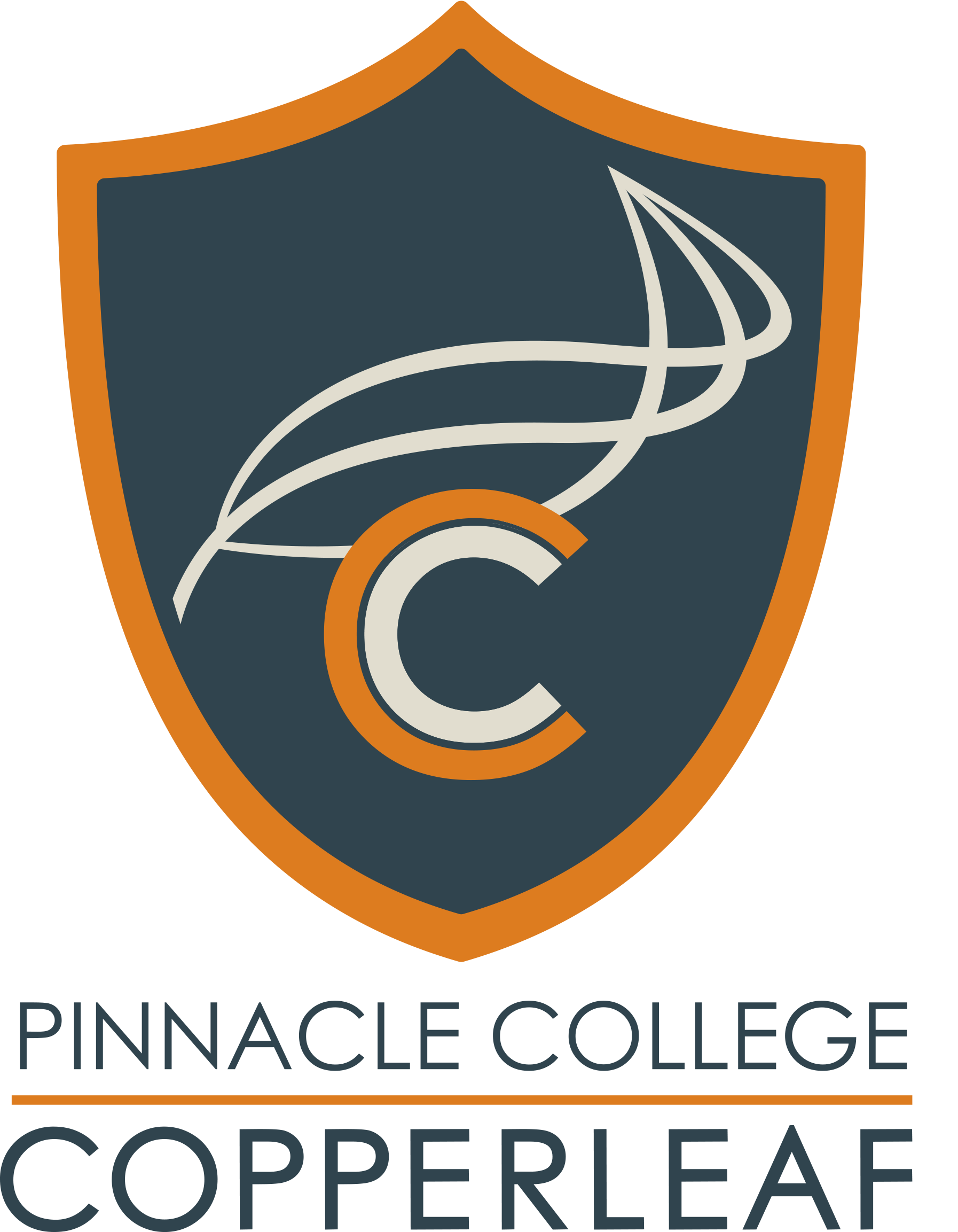 A logo for pinnacle college copperleaf with a shield