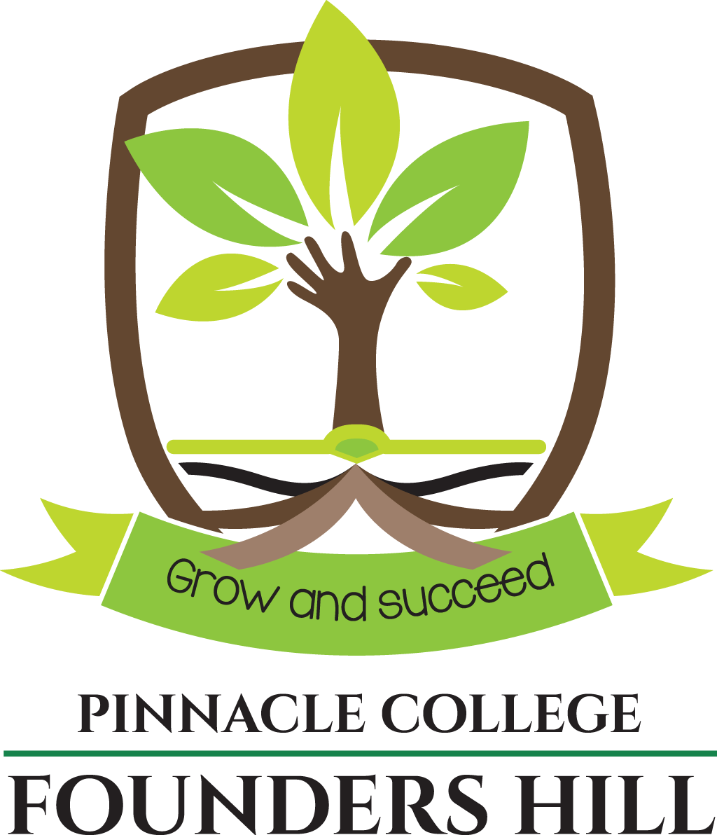 A logo for pinnacle college founders hill with a hand holding a tree