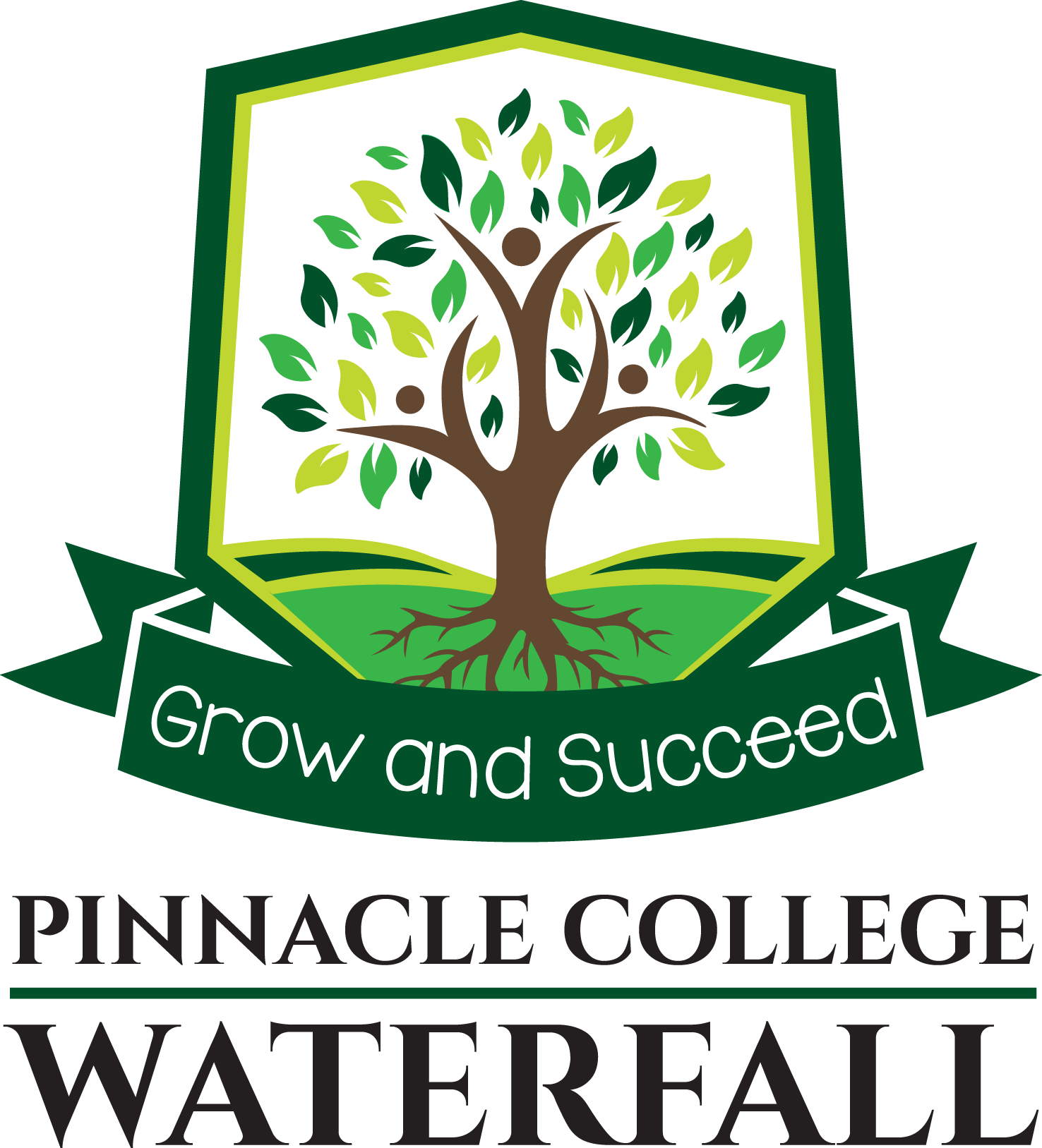 A logo for pinnacle college waterfall with a tree on it.