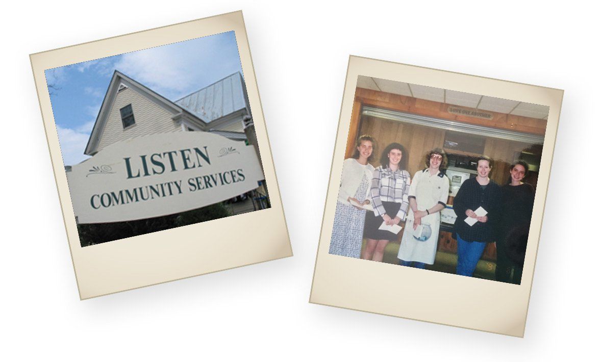 A group of people are standing in front of a sign that says listen community services.