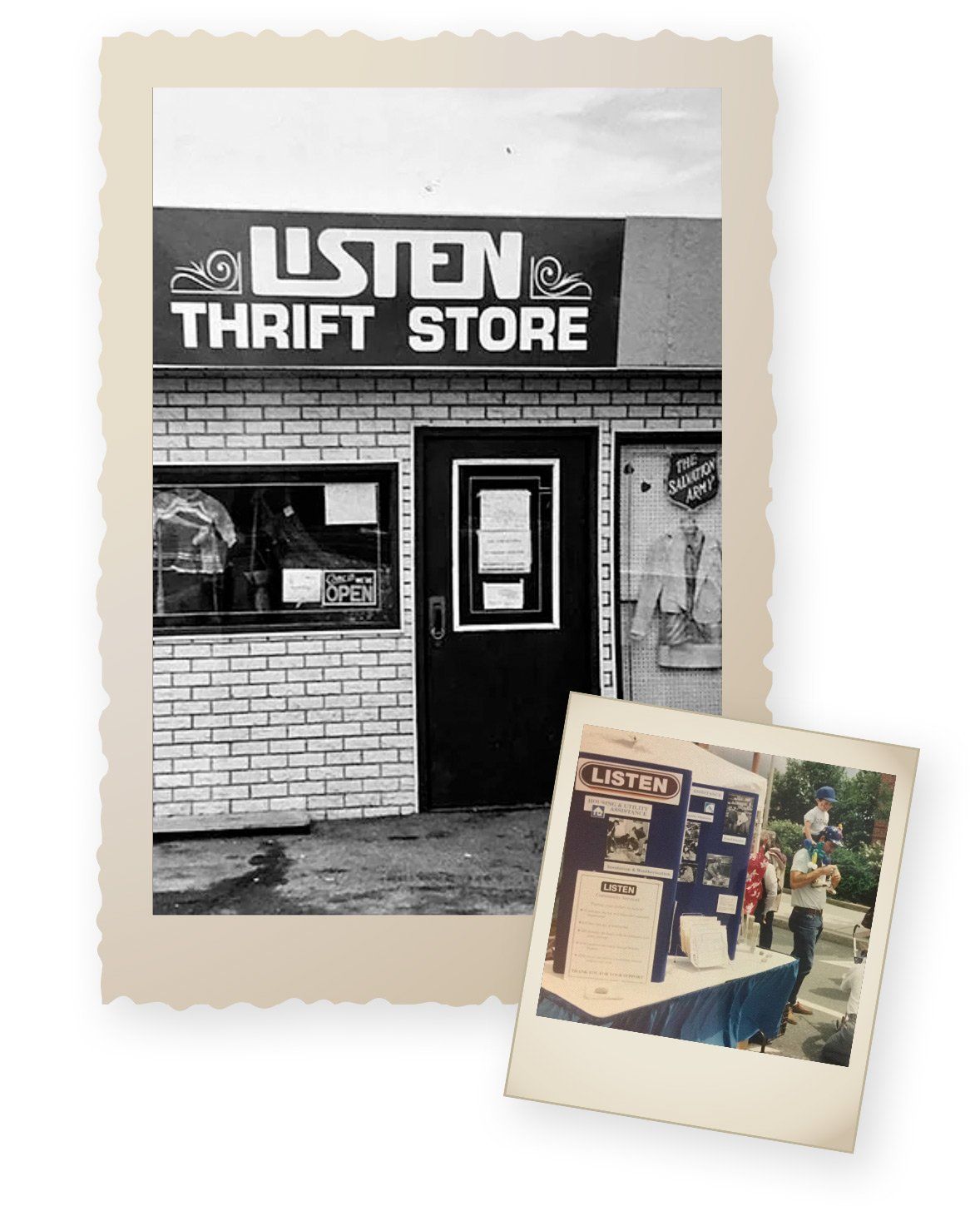 A black and white photo of a listen thrift store