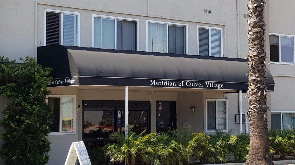 Entrance to a building with a black awning, windows above, and palm trees in front