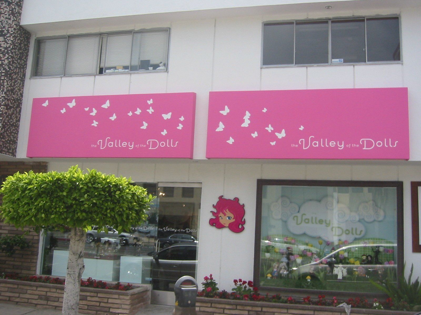 Pink storefront with butterfly decorations and “Valley Doll” signage above a shop window and entrance