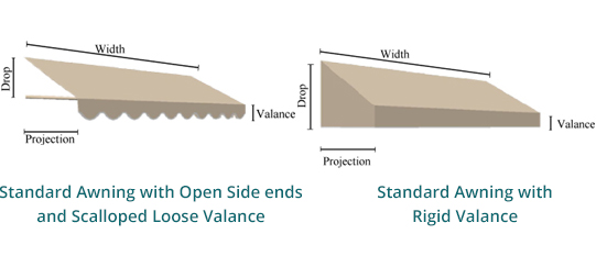 Comparison of two tan standard awnings, one with open scalloped sides and one with rigid valance