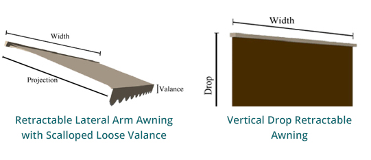 Two awning diagrams: retractable lateral arm awning with scalloped valance and vertical drop retractable awning