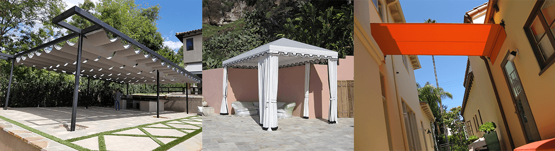 Three views of a modern outdoor patio with white pergolas, tiled paths, and orange shade sails