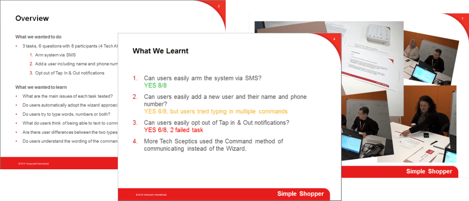 Images of slides from a presentation showing user testing results