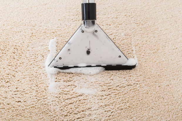 Carpet cleaner head applying soapy water to a beige carpet.