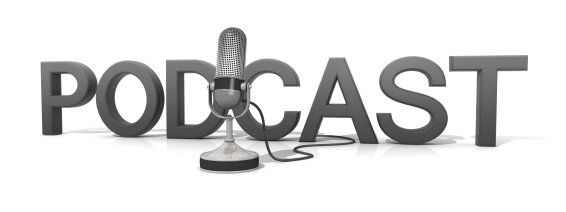 Animated text of 'Podcast' with a microphone plugged into it.