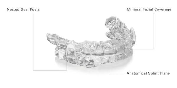 Diagram of a clear oral appliance for sleep apnea therapy showing the difference elements of the oral device.