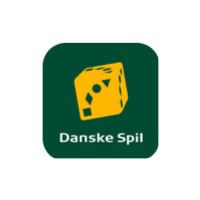Danske Spils logo: Gule terninger med mørkegrøn baggrund og hvid tekst.