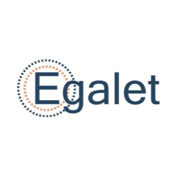 Egalet-logo: Mørkeblå tekst med bogstavet