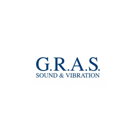 Logo for GRAS Sound & Vibration: marineblå tekst på hvid baggrund.