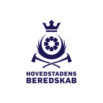 Logo of Hovedstadens Beredskab (Copenhagen Fire Department): blue crown, emblem, crossed axes.