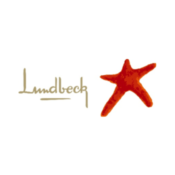 Lundbeck-logo: brun tekst med en rød søstjerne på en hvid baggrund.