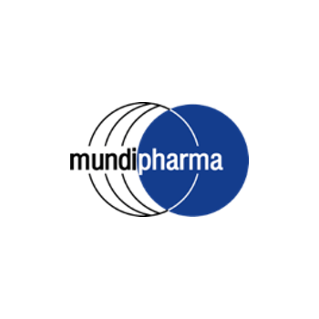 Mundi Pharma-logo: overlappende blå og sorte kugler med firmanavnet i sort.