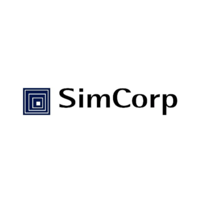 SimCorp-logo med en indlejret blå firkant og sort tekst.