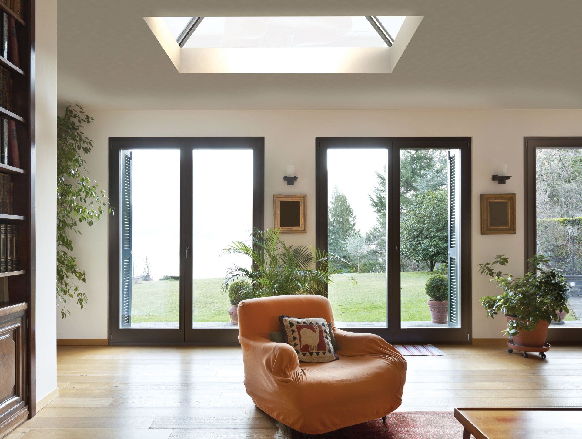 living room with glass windows